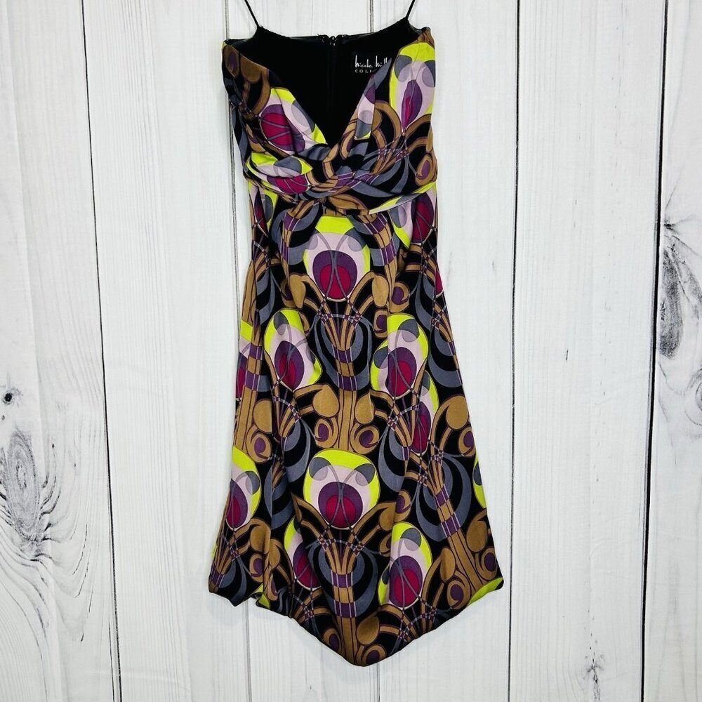 Nicole Miller Silk Dress Abstract Print Sz 2 Bubble Hem Strapless Boned Vintage